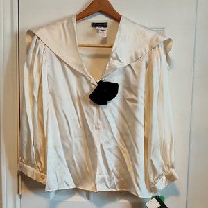 Women's 100% Silk Collared Blouse with Velvet Bow